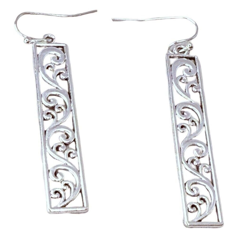 Silver-Tone Rectangular Dangle Earrings 2" Filigr… - image 5